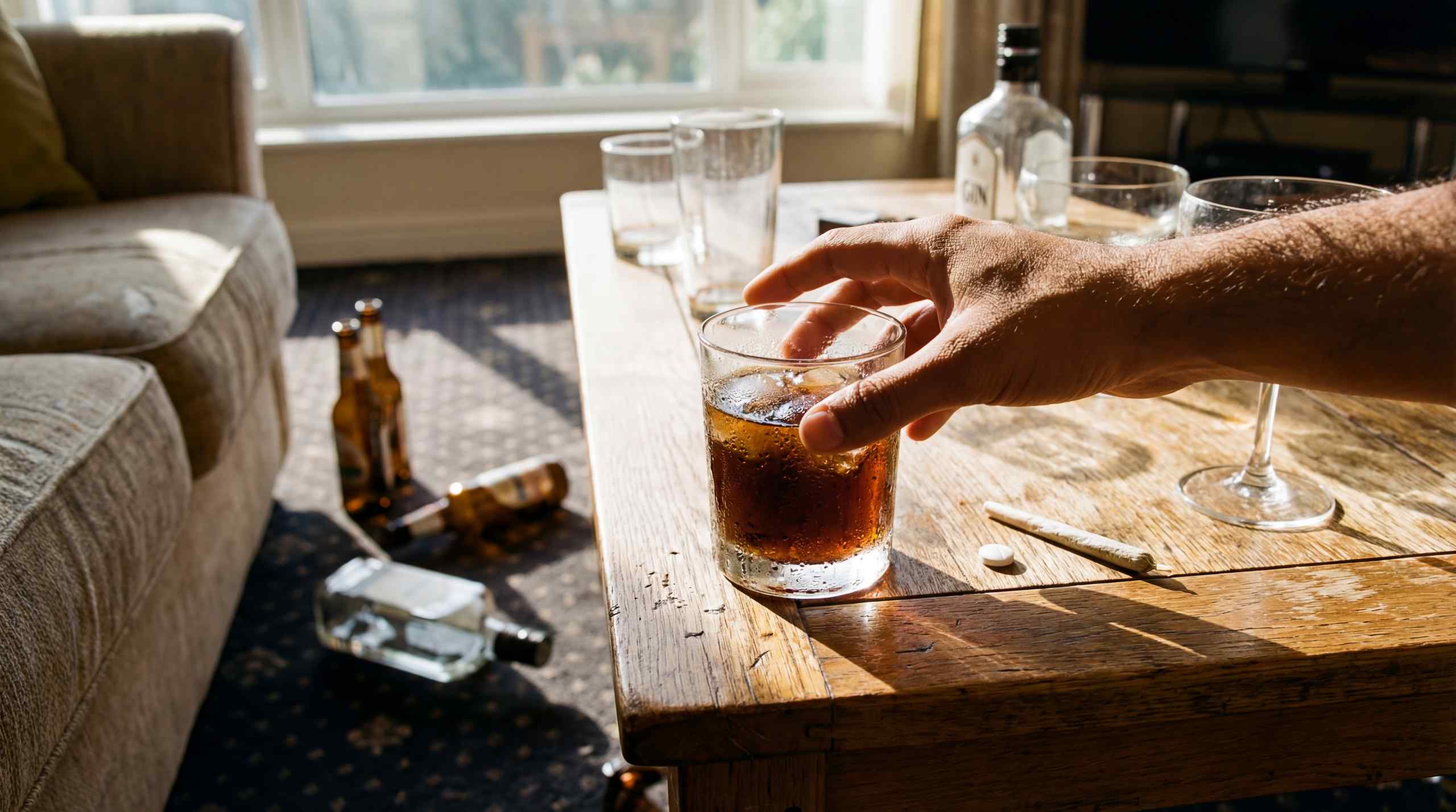 An alcoholic beverage on a coffee table.